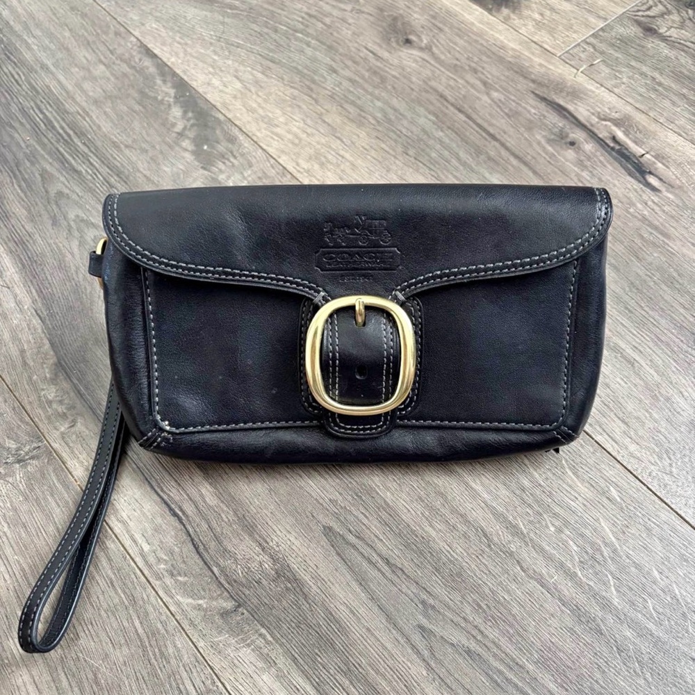 Vintage Coach Bleecker Wristlet Black Leather Brass EUC Tattersall Clutch